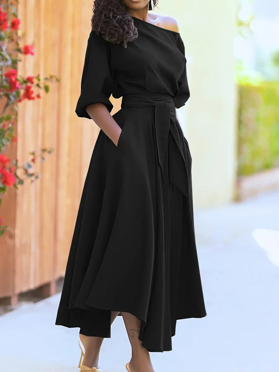 Vestito Lungo Fiocco con Cintura in Vita